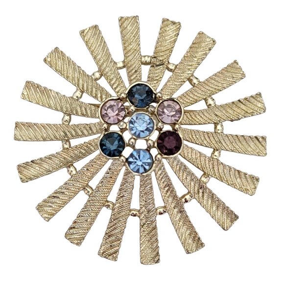 Emmons Gold Tone Starburst Rhinestone Statement Brooch Pendant, Signed M735